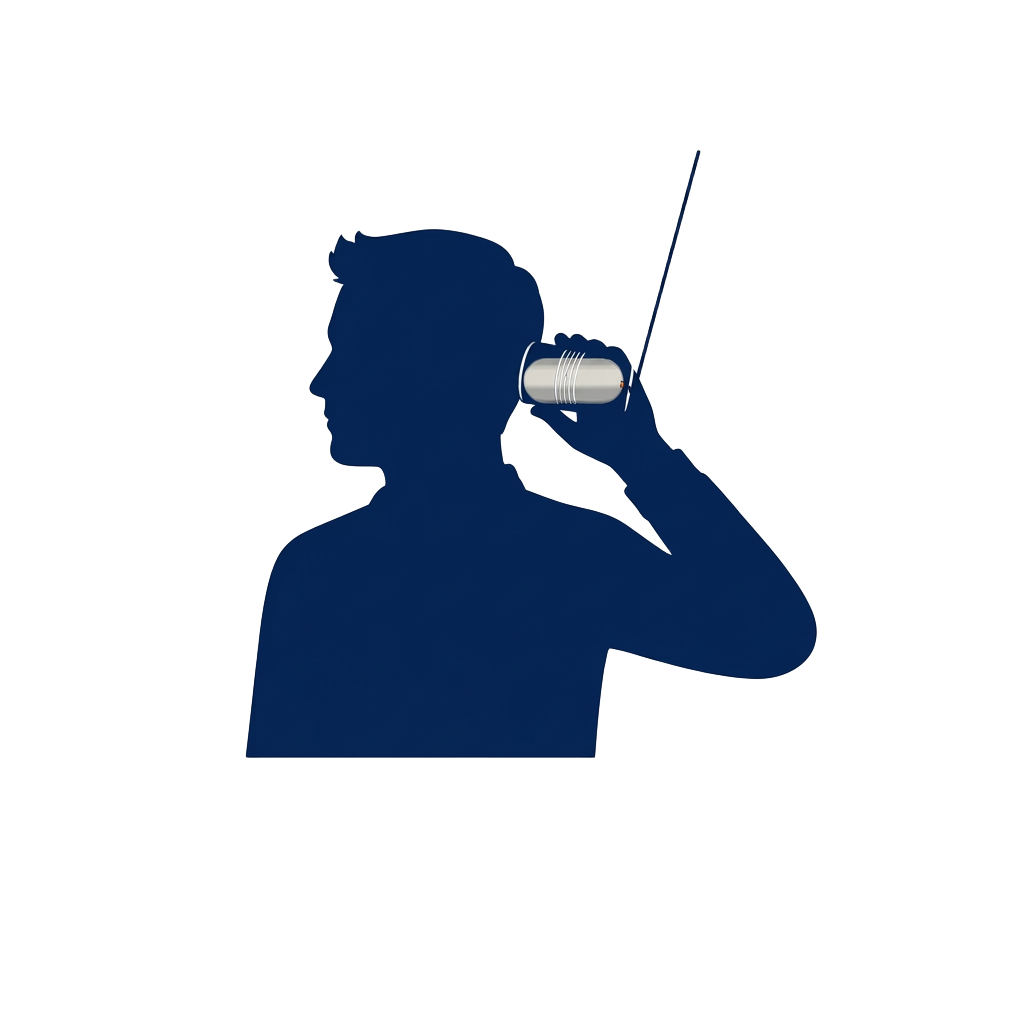 Person listening through a tin-can telephone